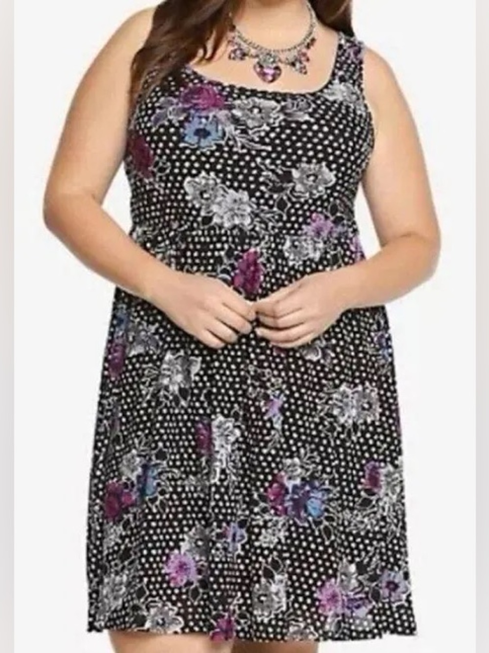 Torrid Black Polka Dot Floral Scoop Neck Sleeveless Dress - 3